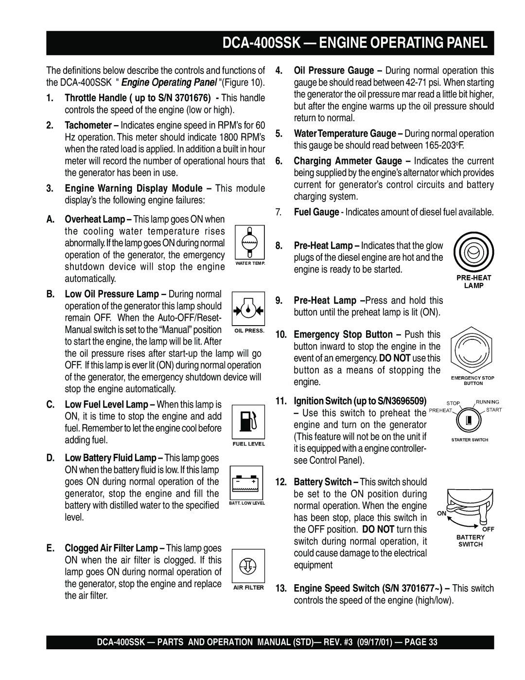 Multiquip operation manual DCA-400SSK Engine Operating Panel, Ignition Switch up to S/N3696509 