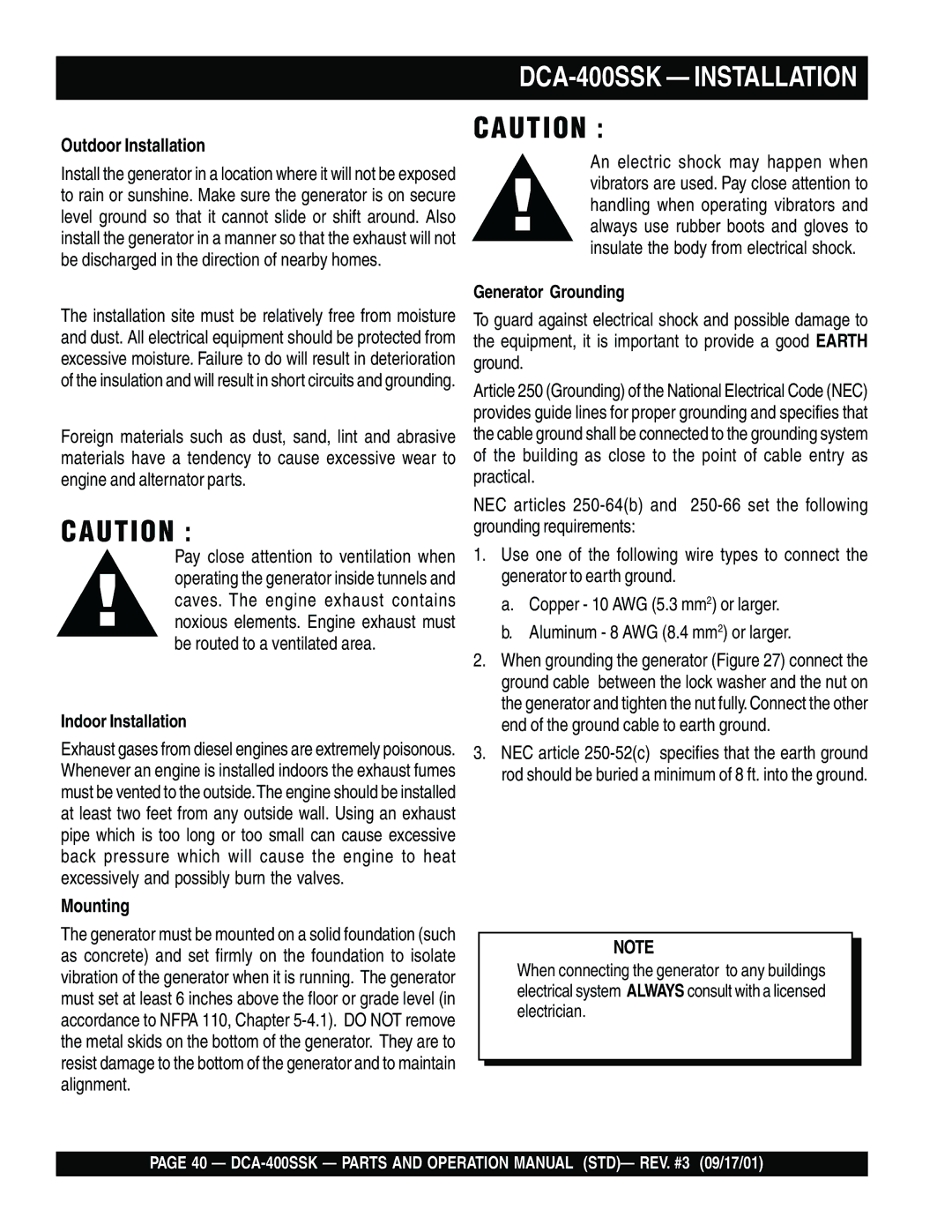 Multiquip operation manual DCA-400SSK Installation, Outdoor Installation, Mounting 