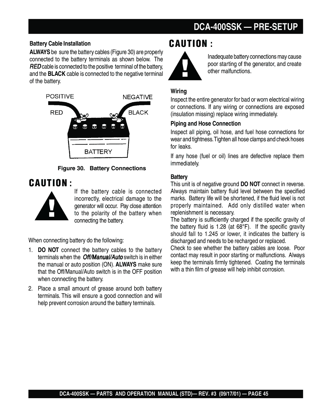 Multiquip DCA-400SSK operation manual Battery Cable Installation, Wiring, Piping and Hose Connection 