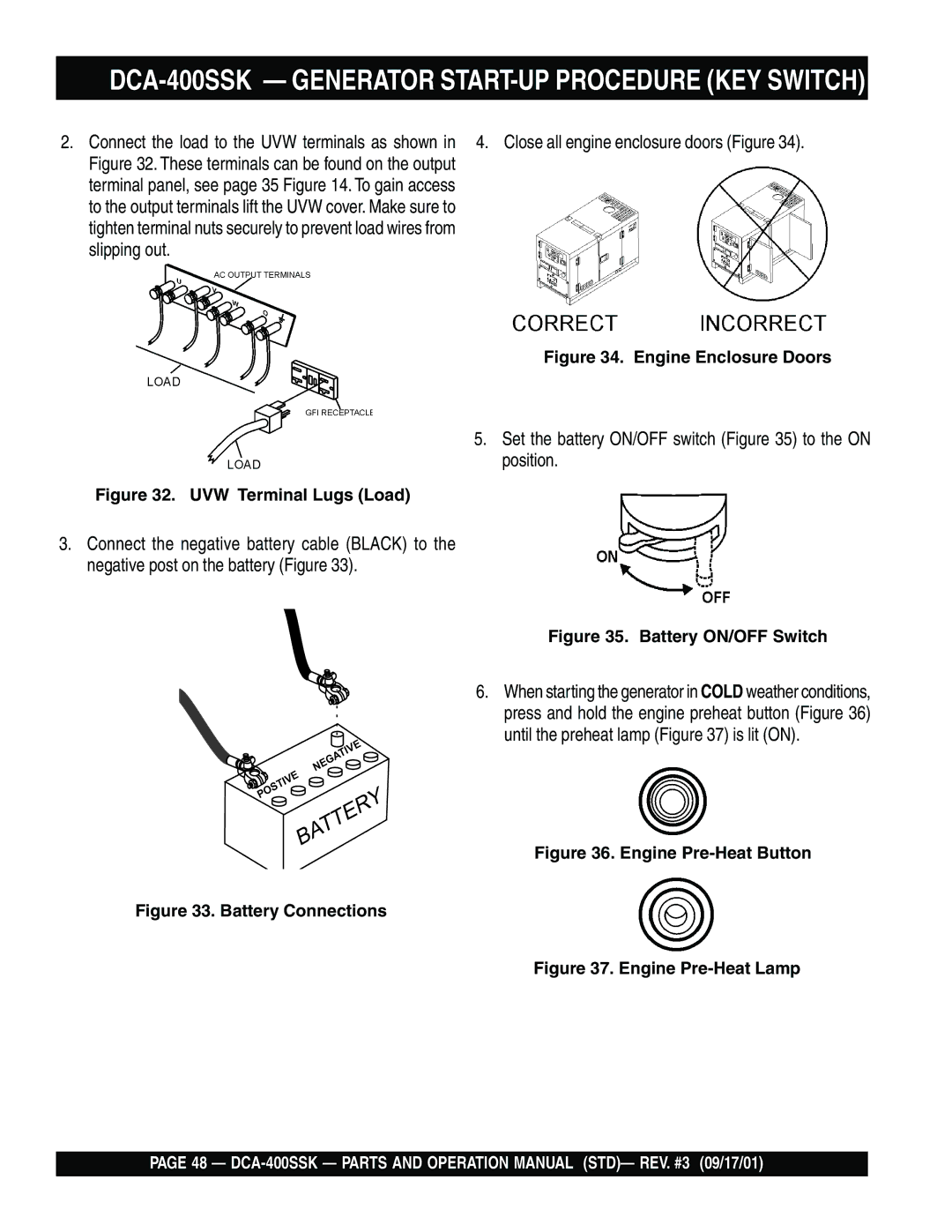 Multiquip operation manual DCA-400SSK Generator START-UP Procedure KEY Switch 