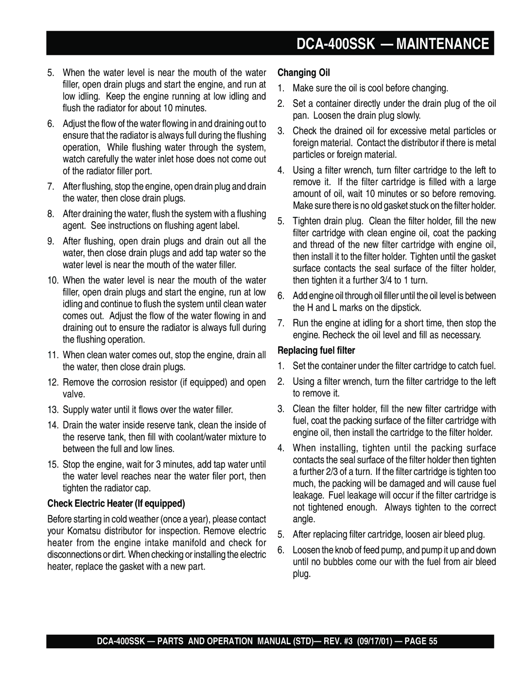 Multiquip DCA-400SSK operation manual Check Electric Heater If equipped, Changing Oil, Replacing fuel filter 
