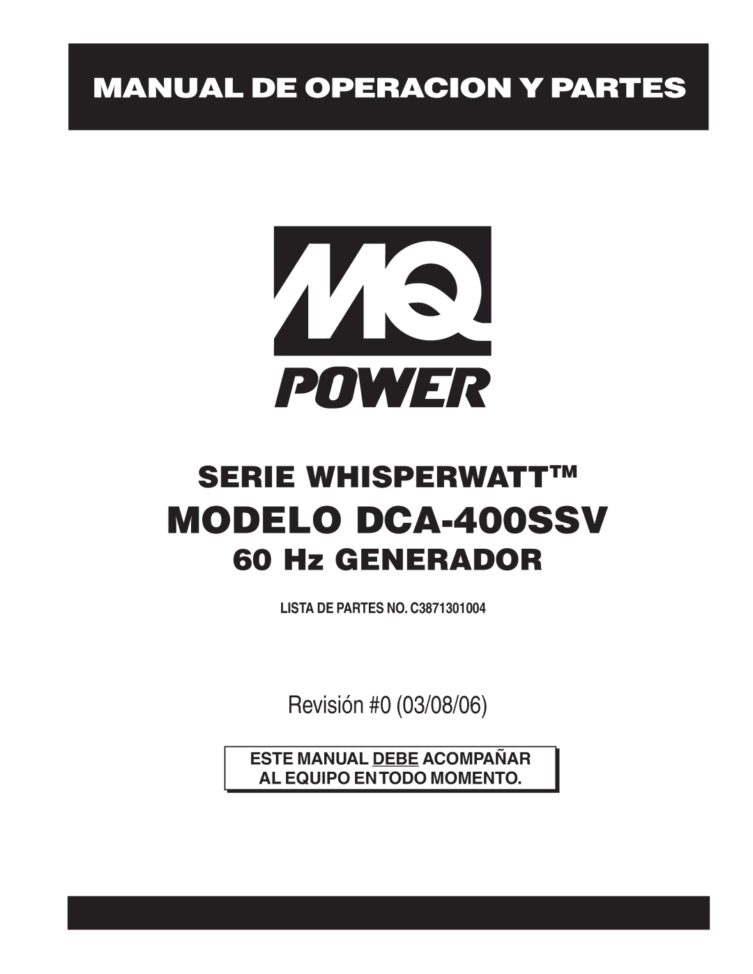 Multiquip operation manual Modelo DCA-400SSV, Lista DE Partes NO. C3871301004 