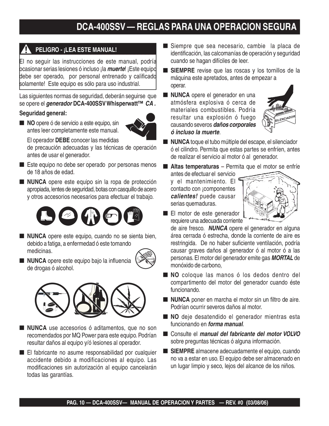 Multiquip DCA-400SSV Reglas Para UNA Operacion Segura, Peligro ¡LEA Este Manual, Seguridad general, Operar 