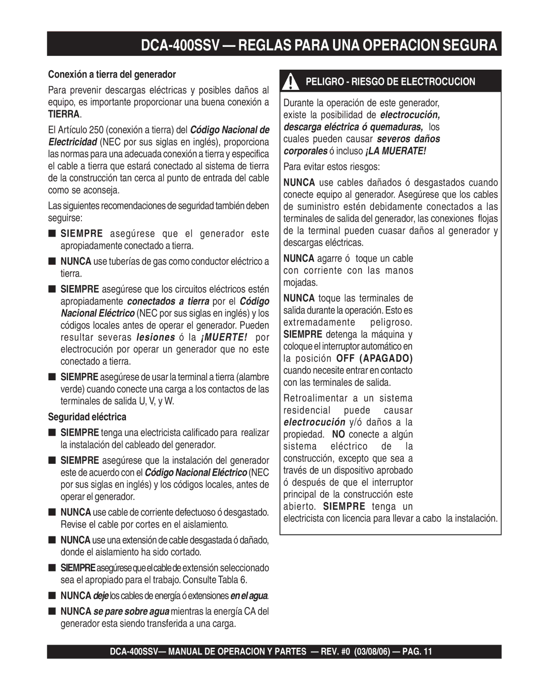 Multiquip DCA-400SSV Reglas Para UNA Operacion Segura, Conexión a tierra del generador, Tierra, Seguridad eléctrica 