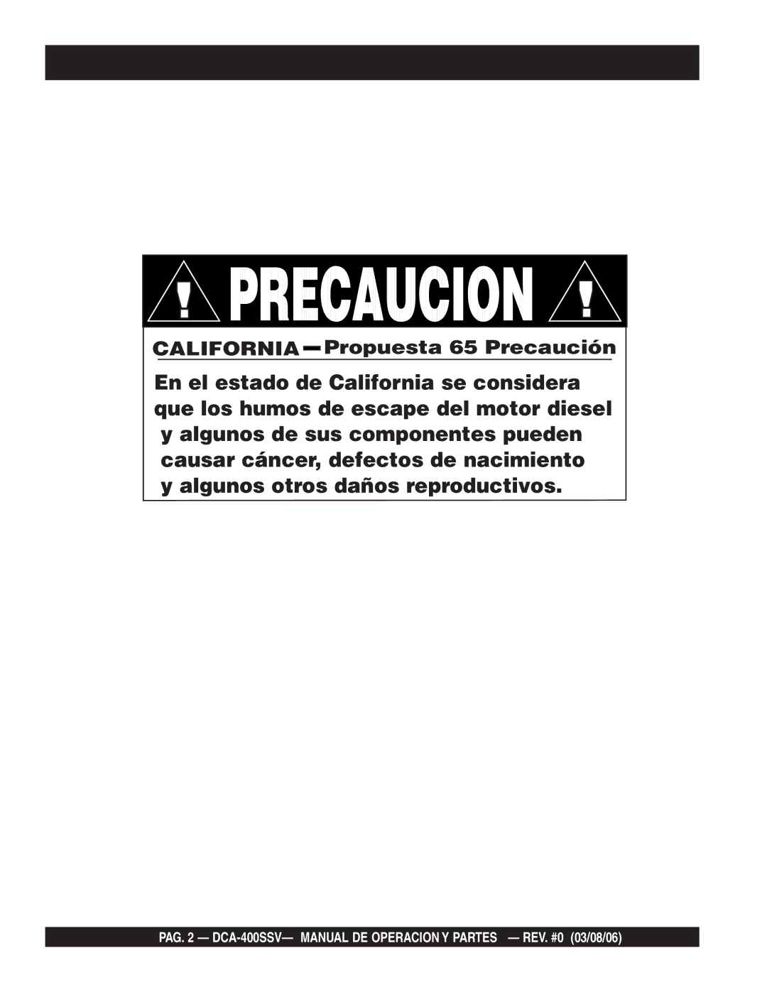 Multiquip DCA-400SSV operation manual California Propuesta 65 Precaución 