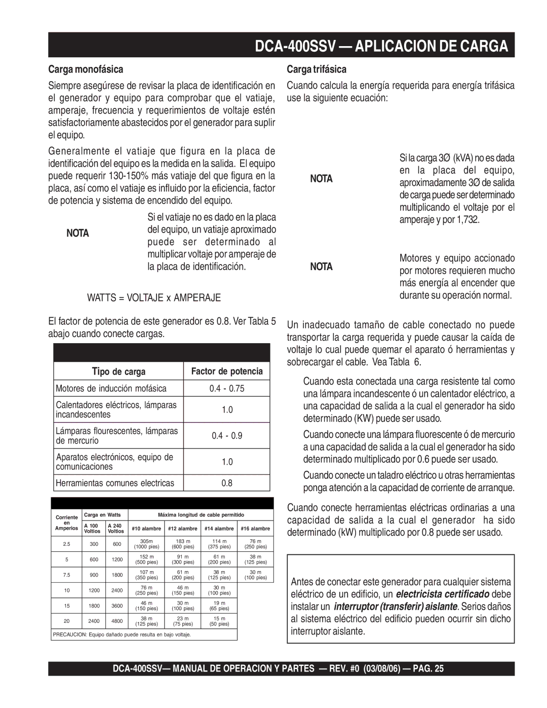 Multiquip DCA-400SSV Aplicacion DE Carga, Carga monofásica, Si el vatiaje no es dado en la placa, Carga trifásica 