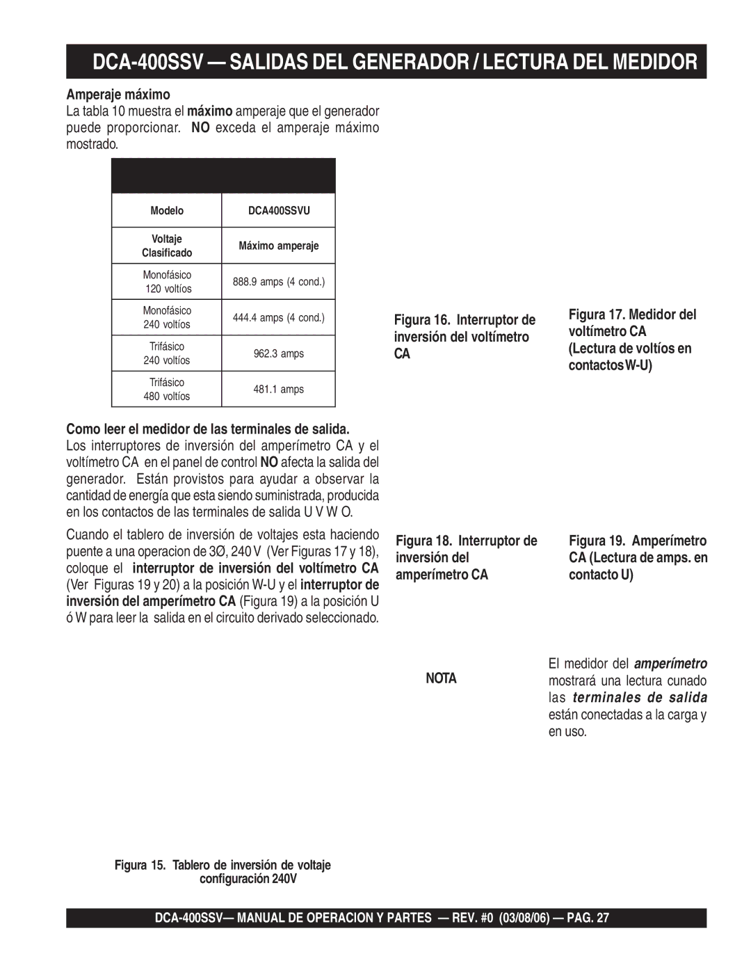 Multiquip operation manual DCA-400SSV Salidas DEL Generador / Lectura DEL Medidor, Amperaje máximo 