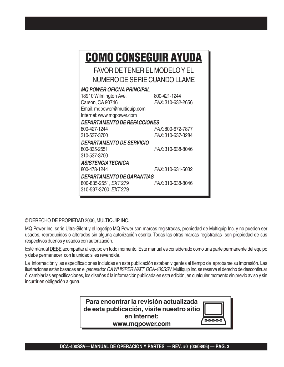 Multiquip DCA-400SSV operation manual Como Conseguir Ayuda 