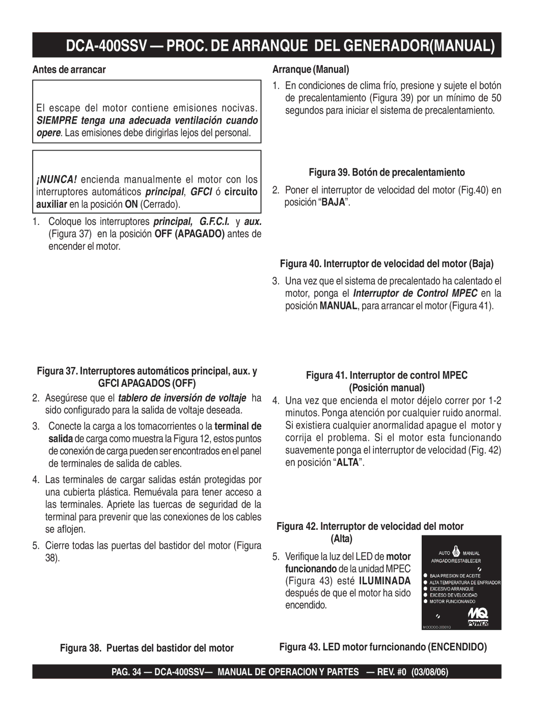 Multiquip DCA-400SSV PROC. DE Arranque DEL Generadormanual, Antes de arrancar, Arranque Manual, Gfci Apagados OFF 