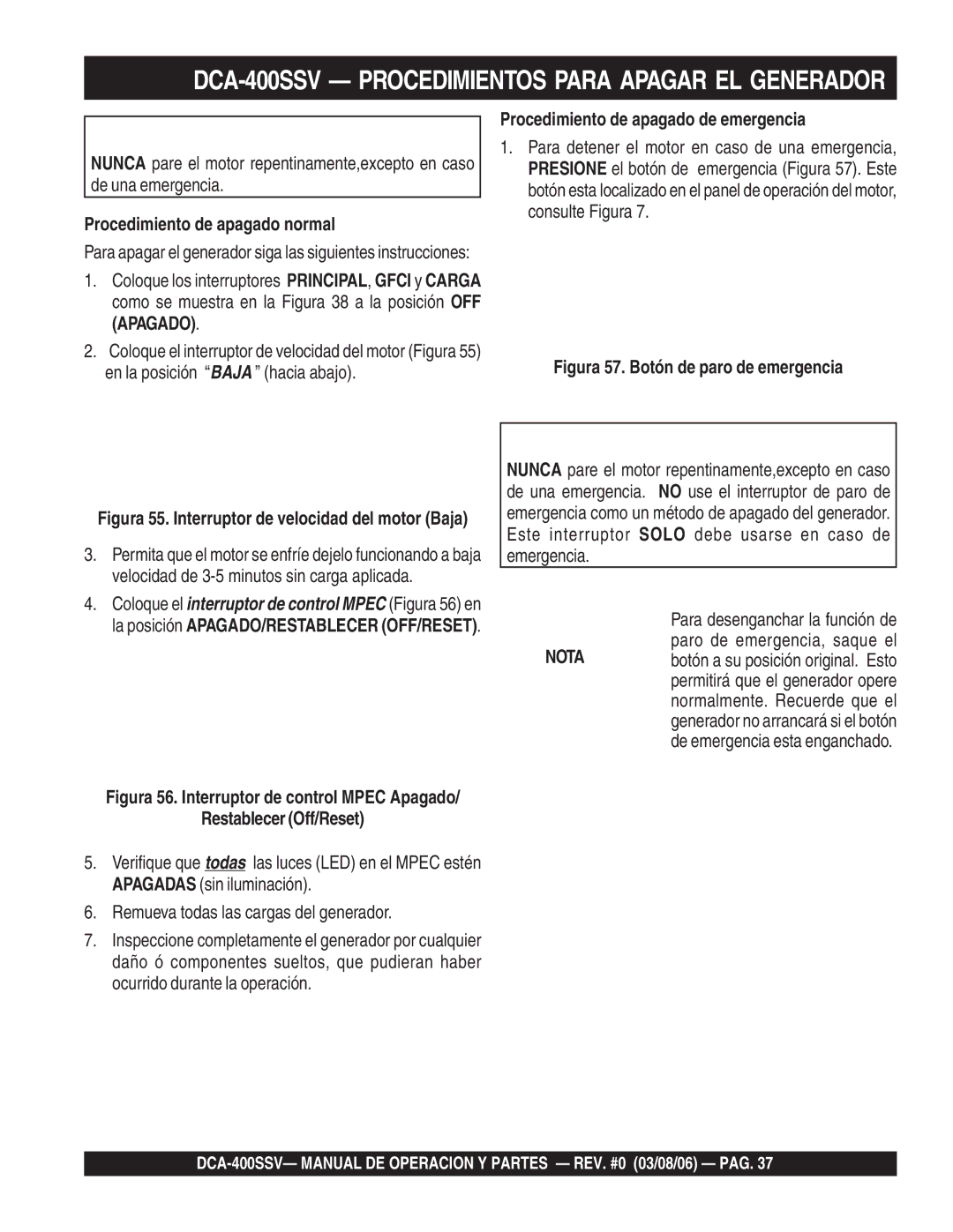 Multiquip DCA-400SSV Procedimiento de apagado normal, Restablecer Off/Reset, Procedimiento de apagado de emergencia 