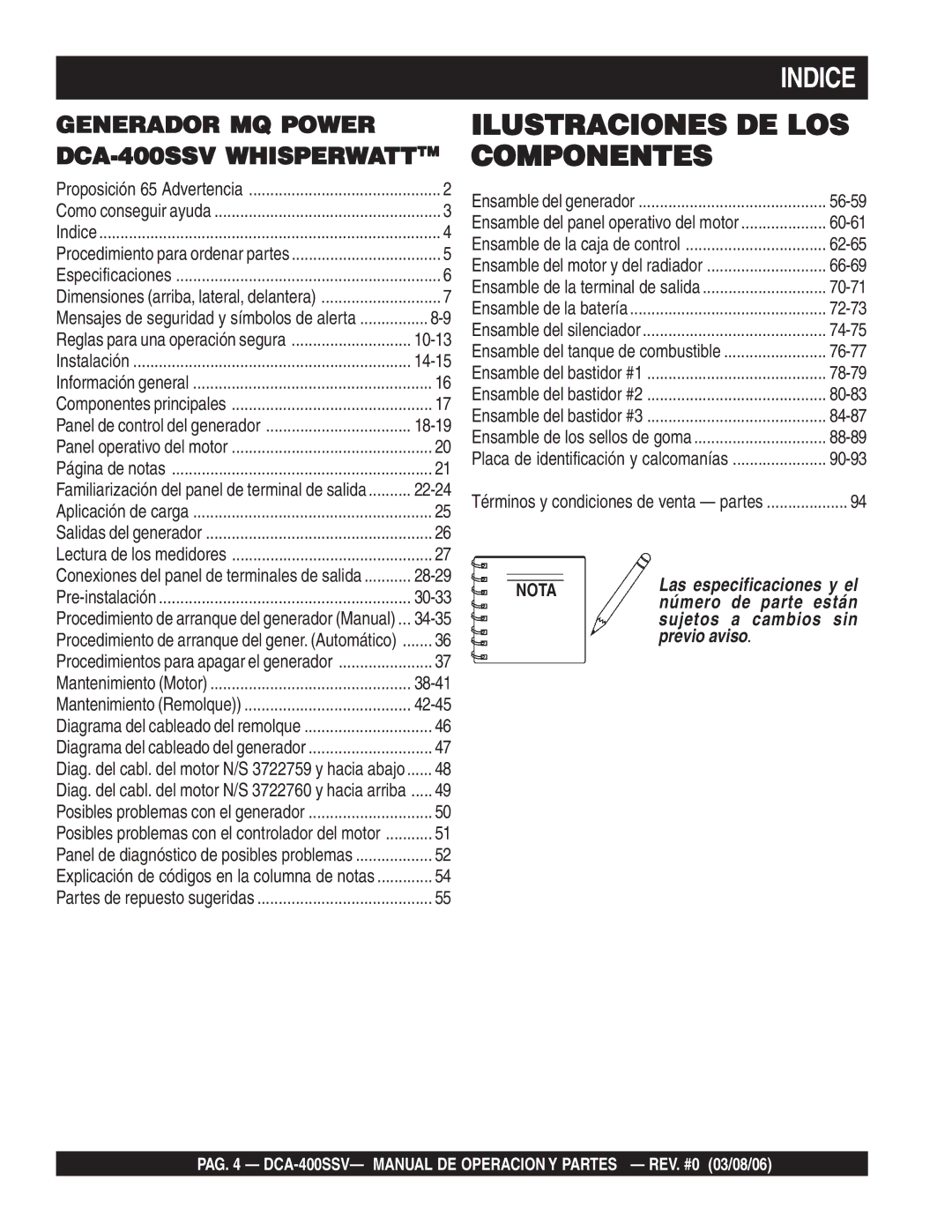 Multiquip operation manual Indice, Generador MQ Power DCA-400SSV Whisperwatttm 