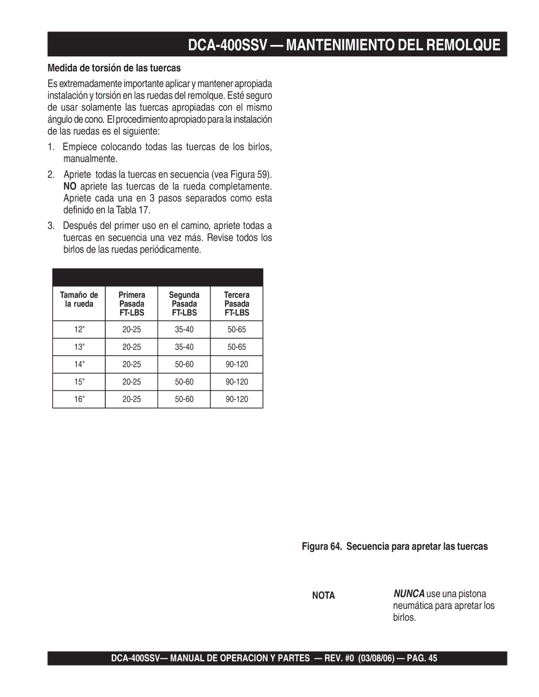 Multiquip operation manual DCA-400SSV Mantenimiento DEL Remolque, Medida de torsión de las tuercas 