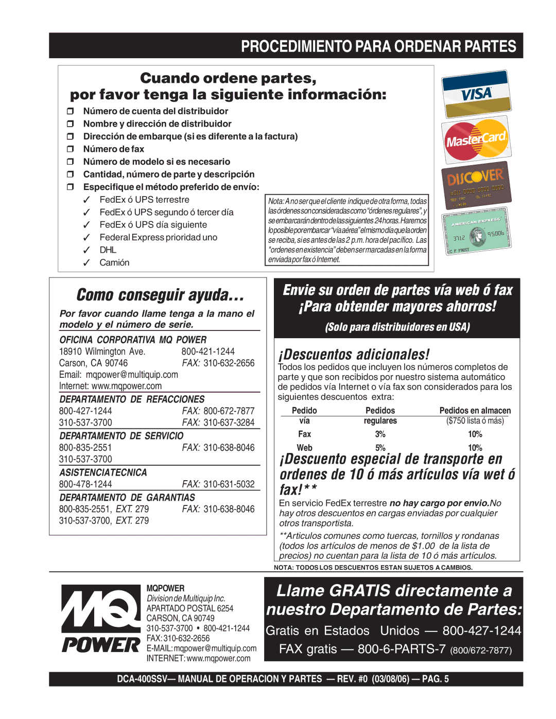 Multiquip DCA-400SSV operation manual Procedimiento Para Ordenar Partes, Dhl 