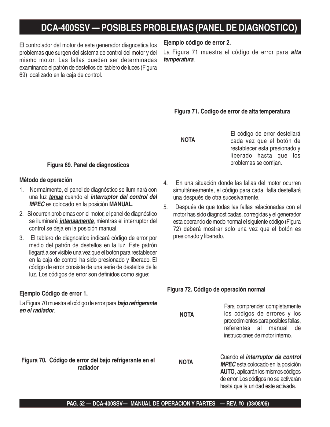 Multiquip DCA-400SSV Posibles Problemas Panel DE Diagnostico, Ejemplo código de error, Método de operación 