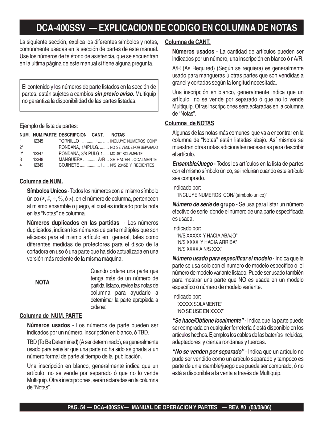 Multiquip operation manual DCA-400SSV Explicacion DE Codigo EN Columna DE Notas, Ejemplo de lista de partes 