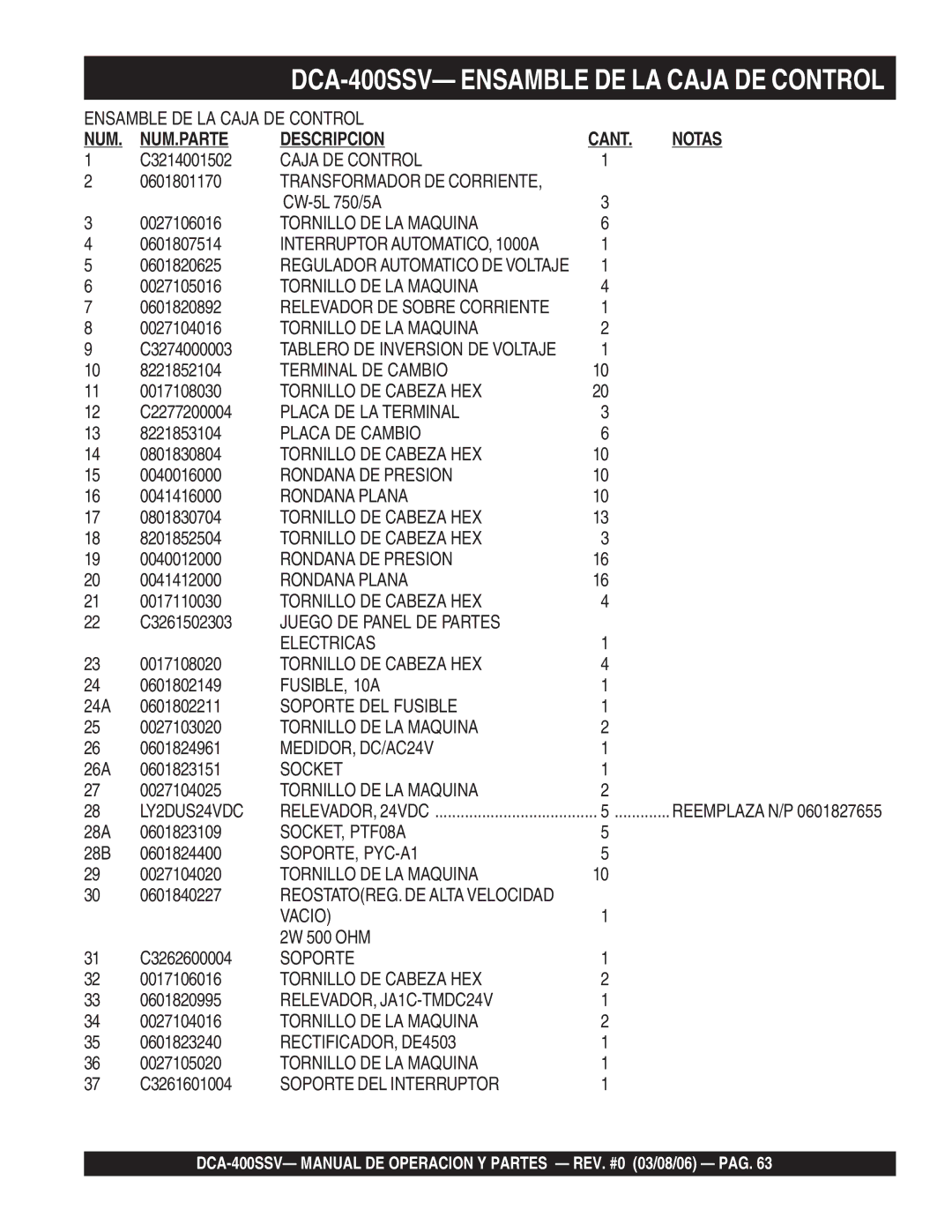 Multiquip DCA-400SSV operation manual NUM.PARTE Descripcion 