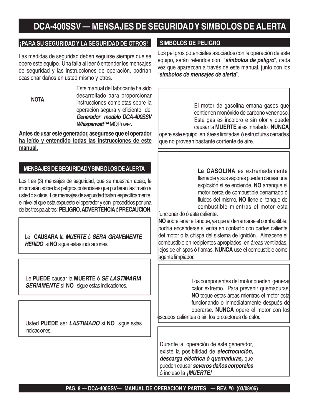 Multiquip operation manual DCA-400SSV Mensajes DE Seguridady Simbolos DE Alerta 