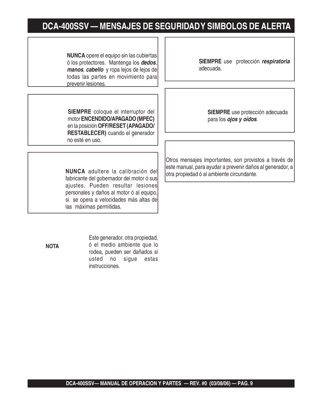 Multiquip DCA-400SSV Advertencia Partes Giratorias, Precaucion Sobre Acelere, Precaucion Riesgos Respiratorios 