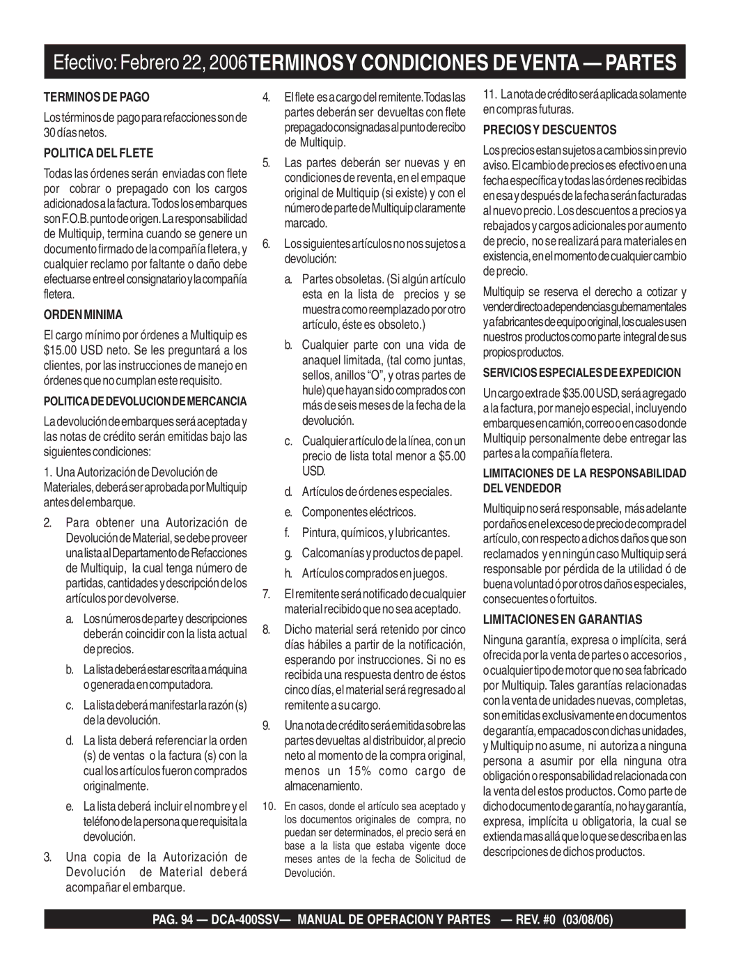 Multiquip DCA-400SSV operation manual Terminos DE Pago 