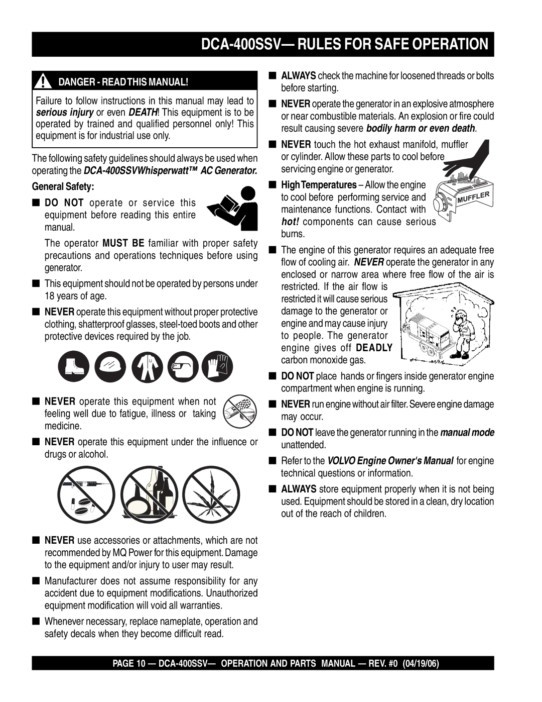 Multiquip operation manual DCA-400SSV- Rules for Safe Operation, General Safety 