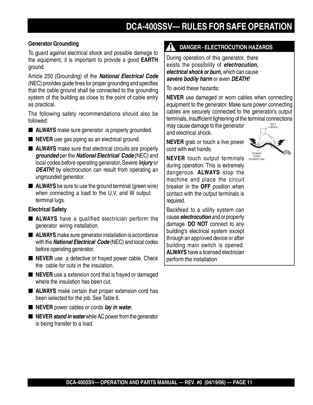 Multiquip DCA-400SSV operation manual Generator Grounding, Electrical Safety 