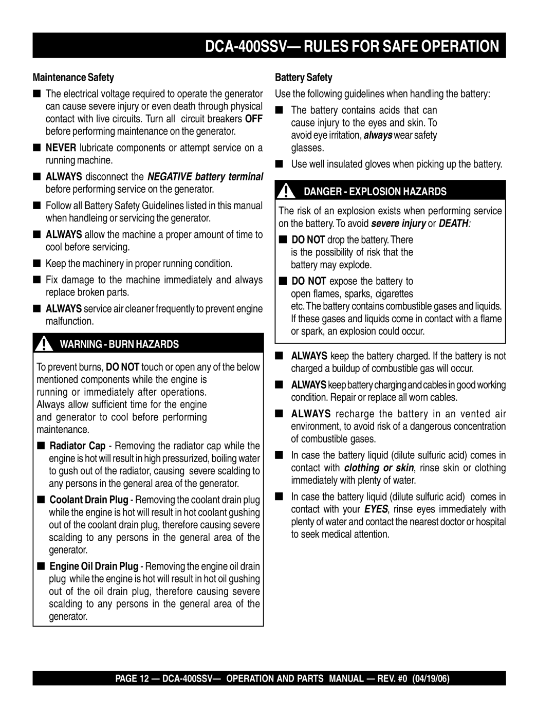 Multiquip DCA-400SSV operation manual Maintenance Safety, Battery Safety 