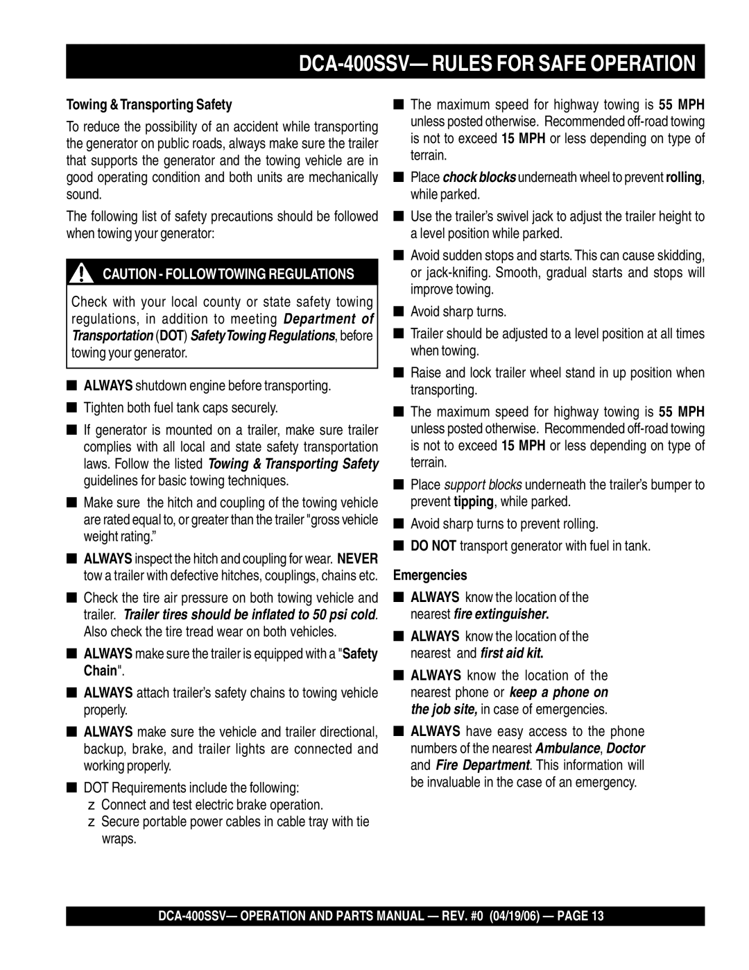 Multiquip DCA-400SSV operation manual Towing &Transporting Safety, Emergencies 