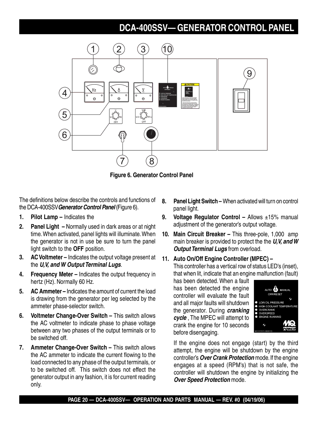 Multiquip operation manual DCA-400SSV- Generator Control Panel, Pilot Lamp Indicates, Auto On/Off Engine Controller Mpec 