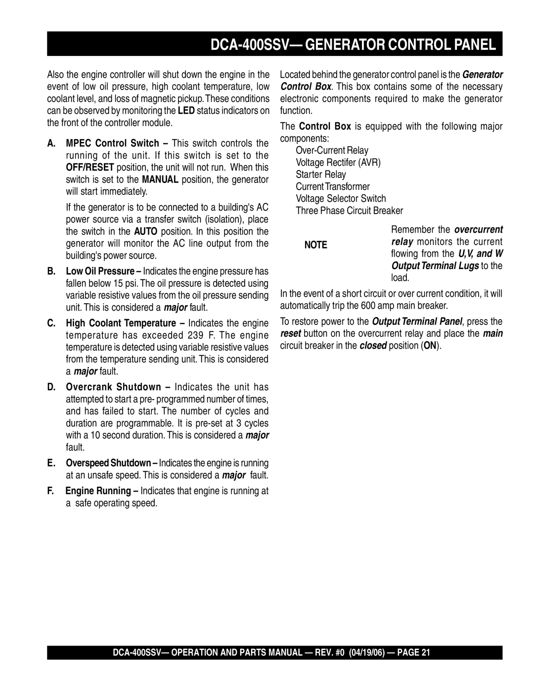 Multiquip operation manual DCA-400SSV- Generator Control Panel 