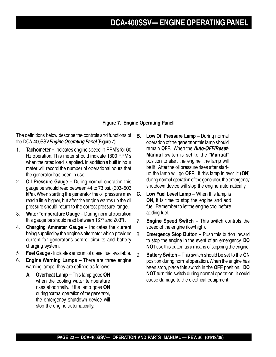 Multiquip operation manual DCA-400SSV- Engine Operating Panel 