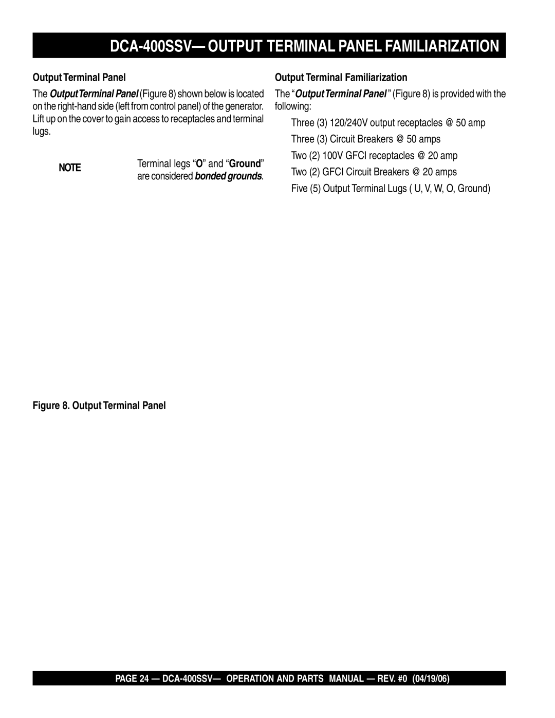 Multiquip operation manual DCA-400SSV- Output Terminal Panel Familiarization, Output Terminal Familiarization 