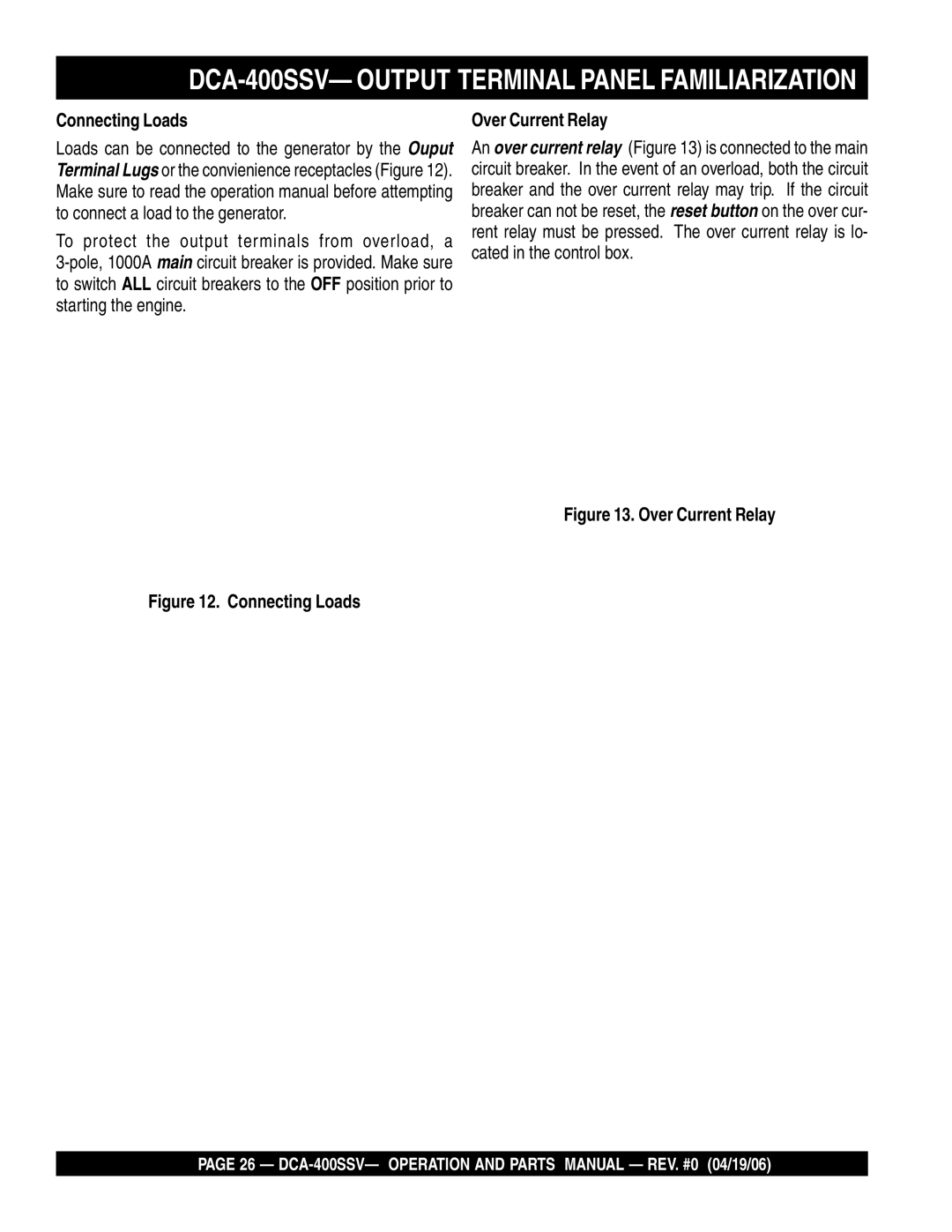 Multiquip DCA-400SSV operation manual Connecting Loads, Over Current Relay 