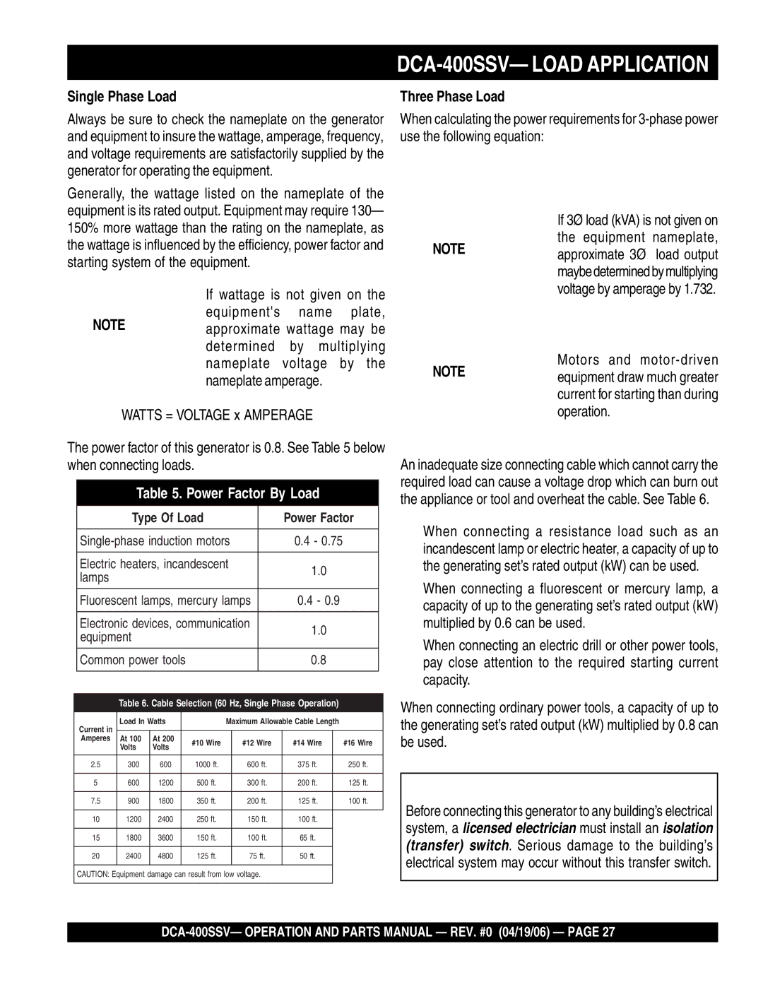 Multiquip operation manual DCA-400SSV- Load Application, Single Phase Load, Three Phase Load, Motors and motor-driven 