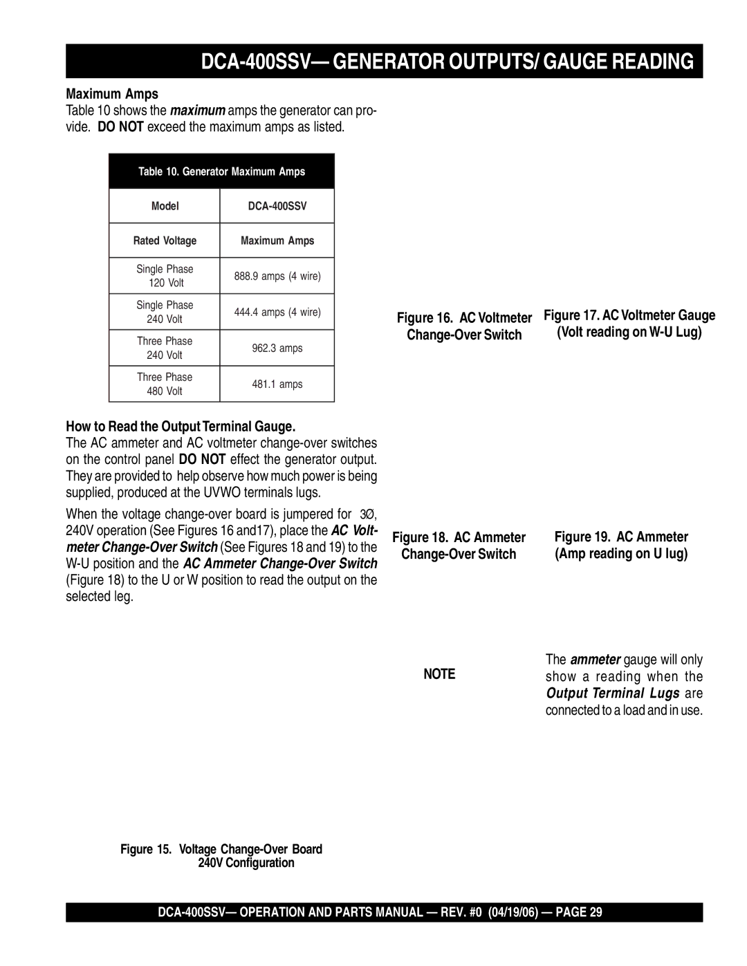 Multiquip DCA-400SSV- Generator OUTPUTS/ Gauge Reading, Maximum Amps, How to Read the Output Terminal Gauge 