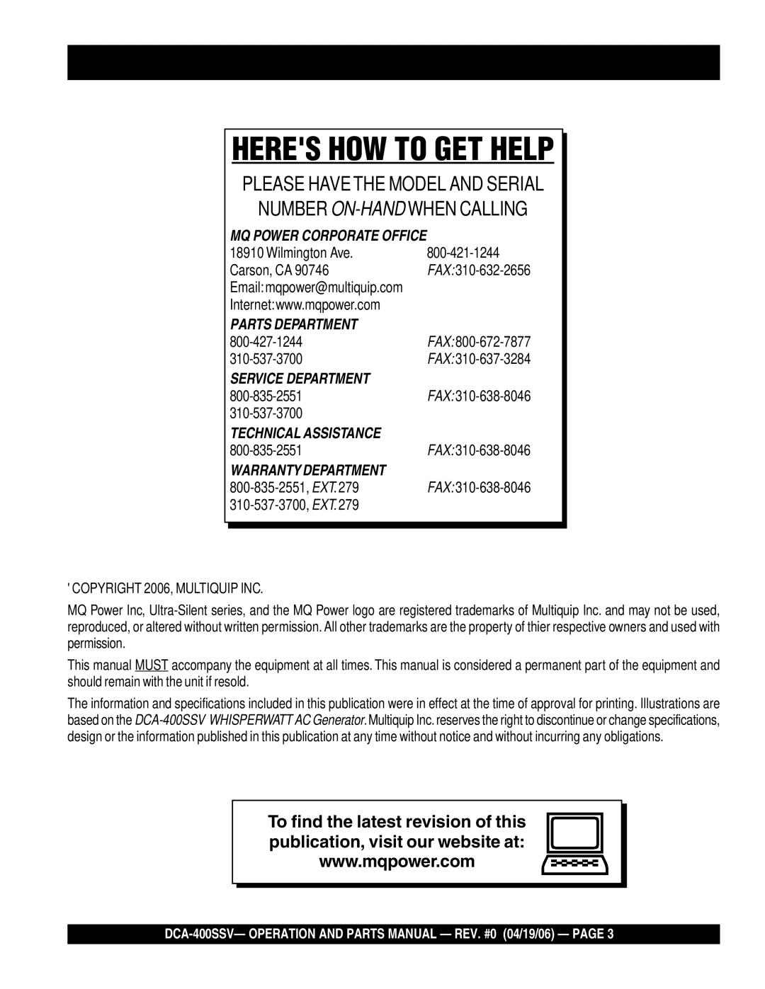 Multiquip DCA-400SSV operation manual Heres HOW to GET Help, Wilmington Ave Carson, CA 