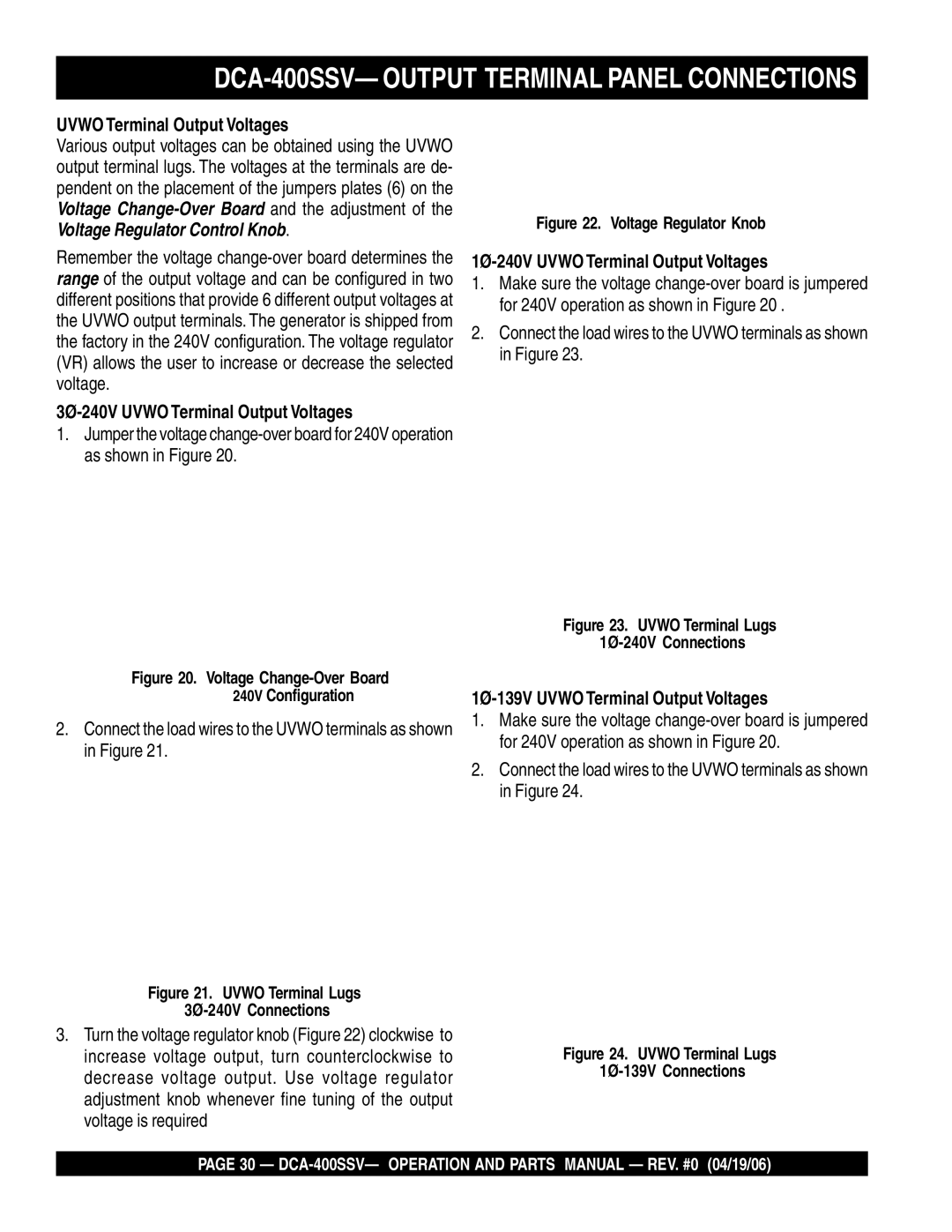 Multiquip operation manual DCA-400SSV- Output Terminal Panel Connections, Uvwo Terminal Output Voltages 