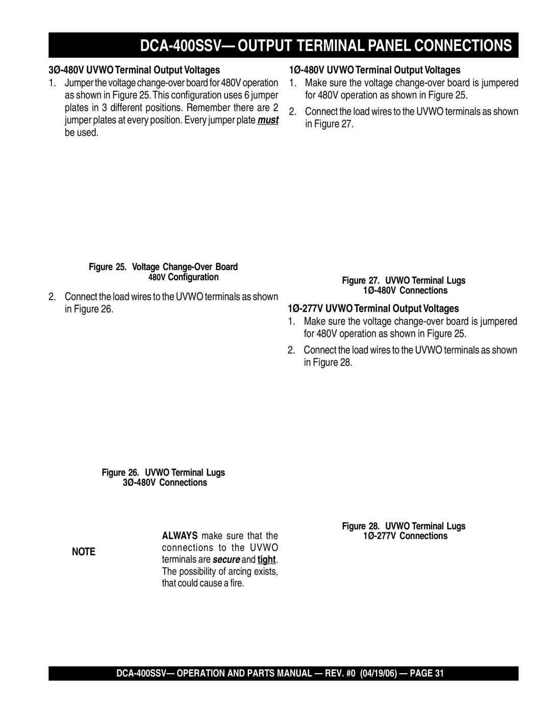 Multiquip DCA-400SSV operation manual 3Ø-480V Uvwo Terminal Output Voltages, 1Ø-480V Uvwo Terminal Output Voltages 