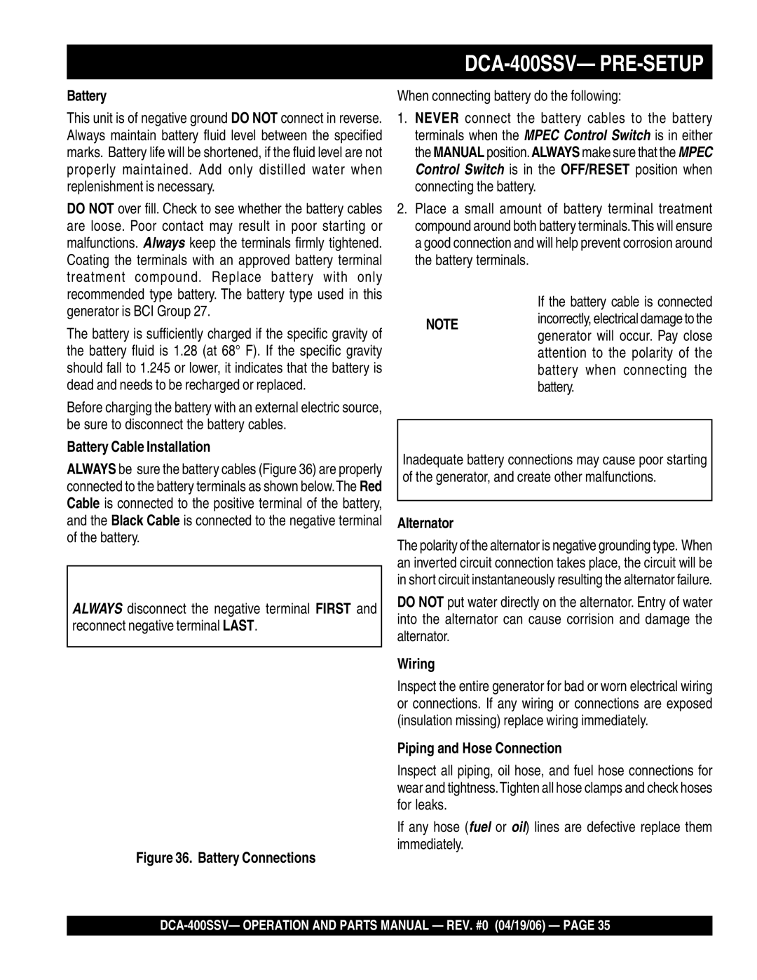 Multiquip DCA-400SSV operation manual Battery Cable Installation, Alternator, Wiring, Piping and Hose Connection 