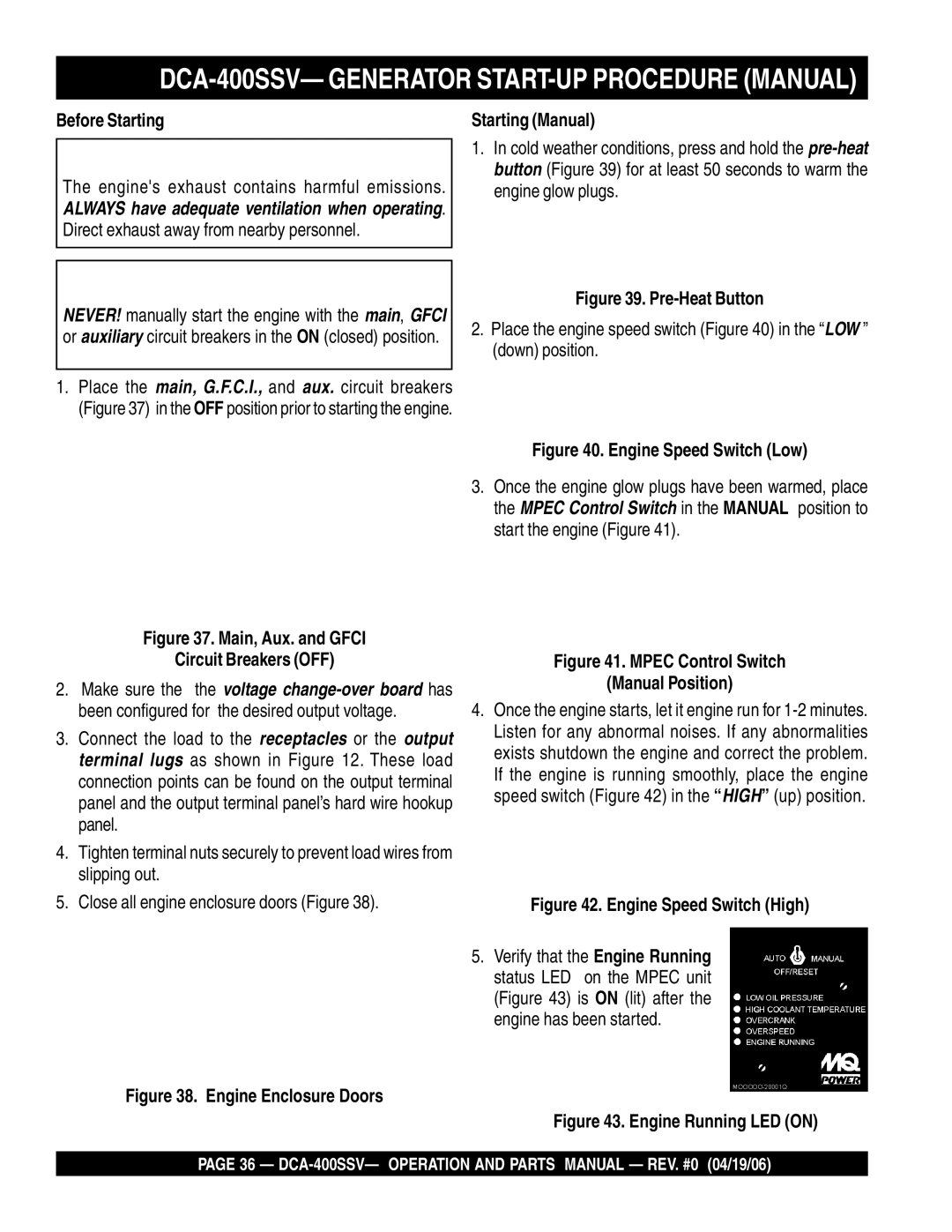 Multiquip DCA-400SSV operation manual Before Starting, Engines exhaust contains harmful emissions, Starting Manual 