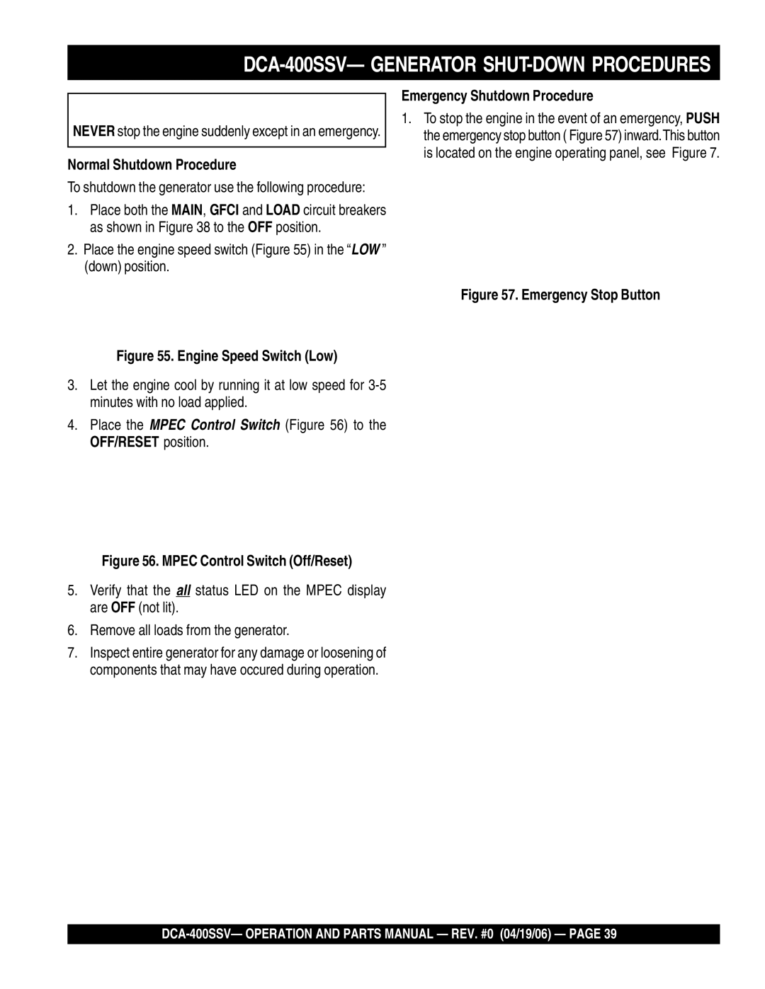 Multiquip DCA-400SSV operation manual Normal Shutdown Procedure, Emergency Shutdown Procedure 