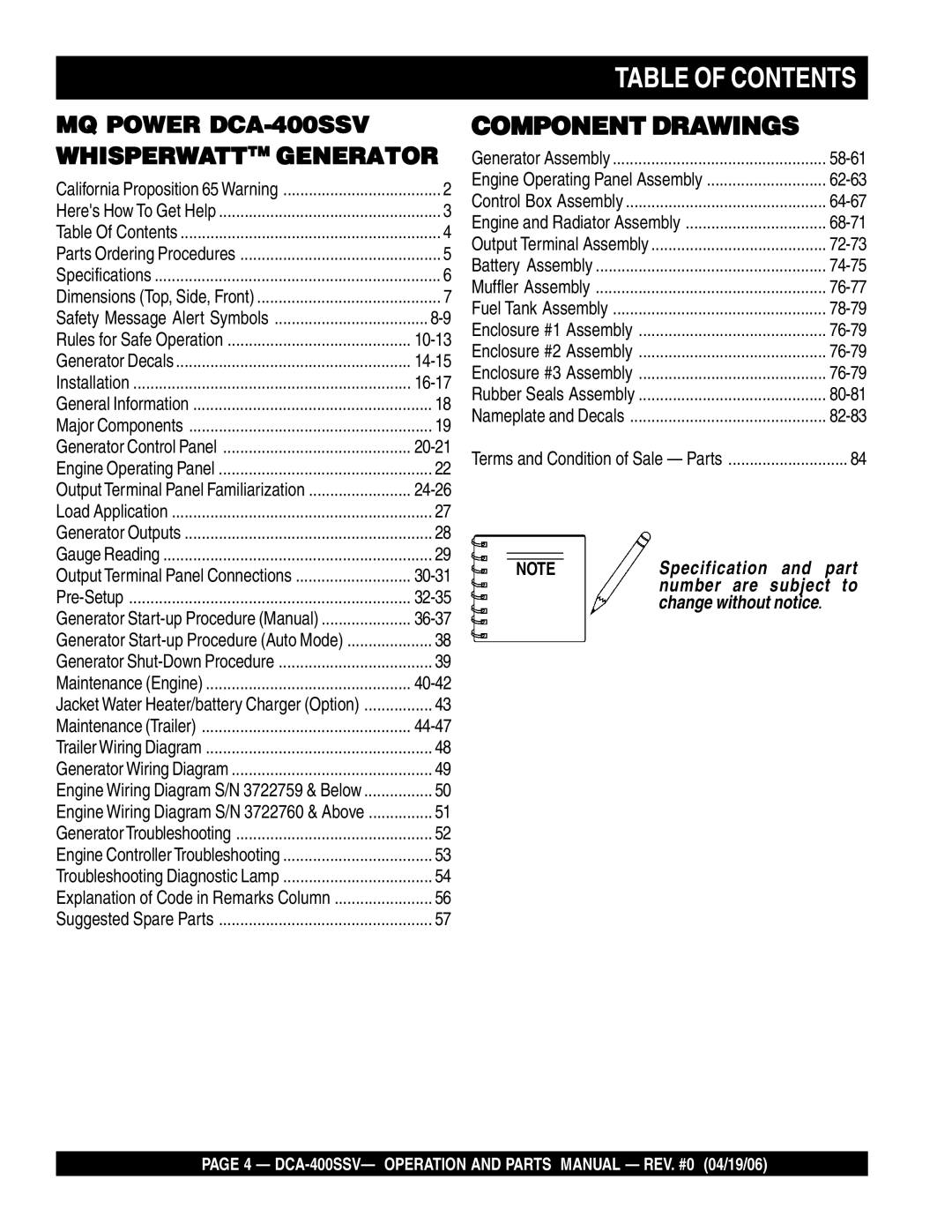 Multiquip DCA-400SSV operation manual Table of Contents 