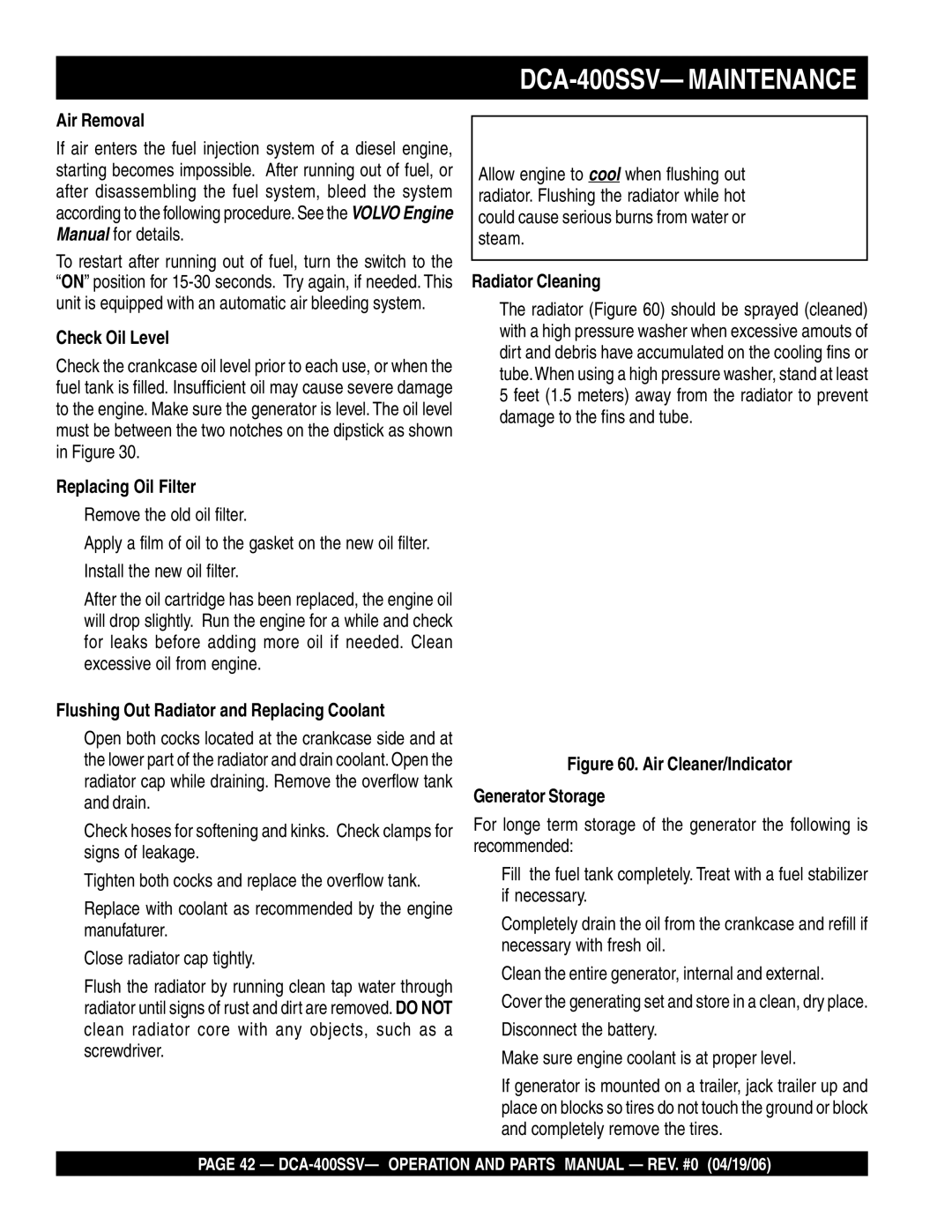 Multiquip DCA-400SSV operation manual Air Removal, Check Oil Level, Replacing Oil Filter, Radiator Cleaning 