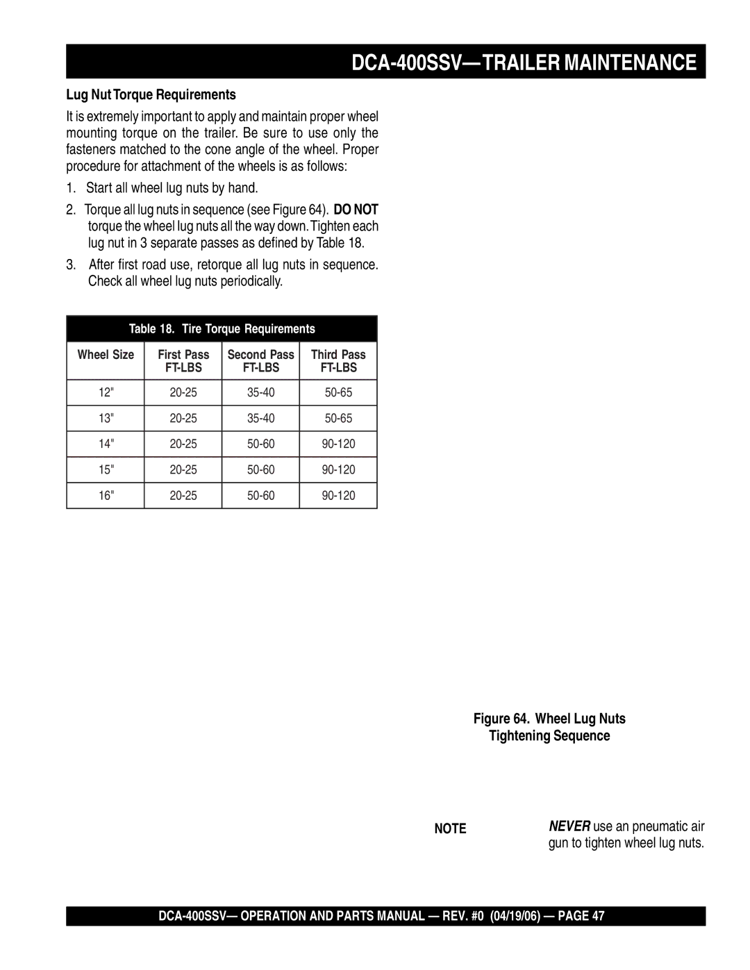 Multiquip DCA-400SSV operation manual Lug Nut Torque Requirements, Start all wheel lug nuts by hand 