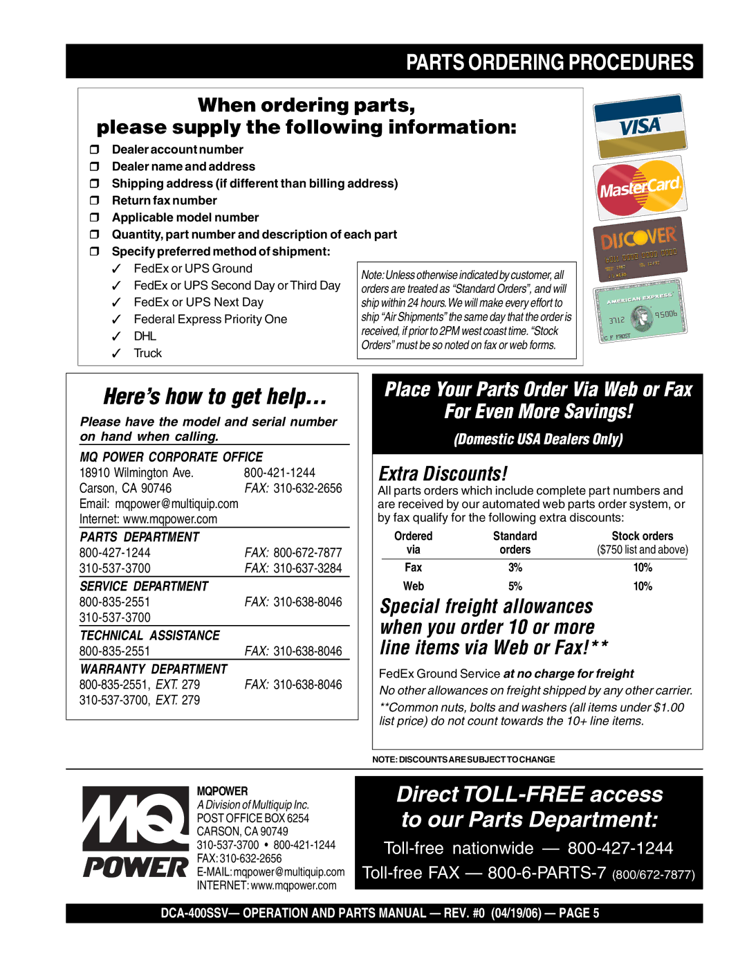 Multiquip DCA-400SSV Parts Ordering Procedures, When ordering parts Please supply the following information 