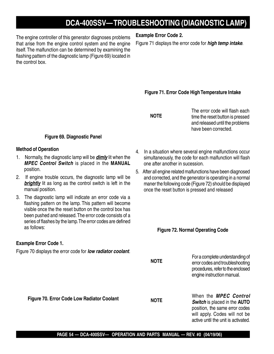 Multiquip operation manual DCA-400SSV-TROUBLESHOOTING Diagnostic Lamp, Example Error Code, Method of Operation 