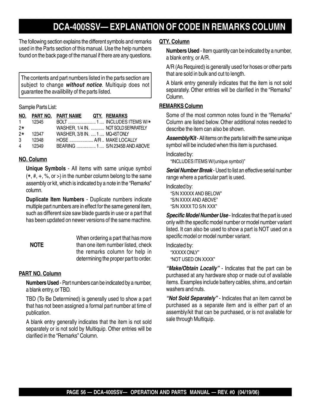 Multiquip operation manual DCA-400SSV- Explanation of Code in Remarks Column, Sample Parts List 