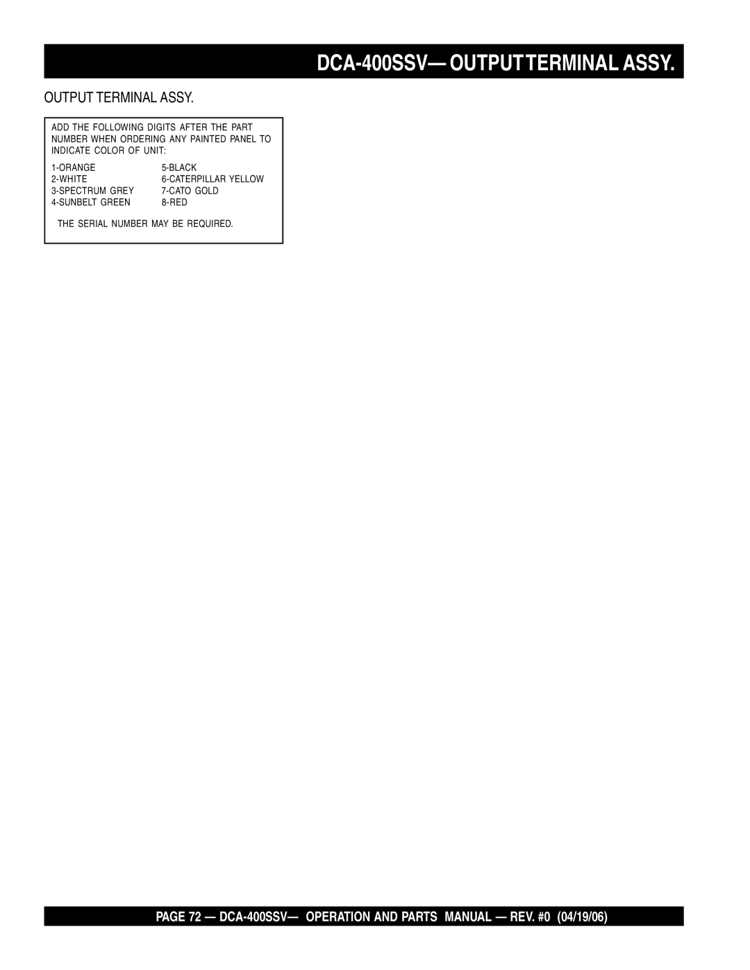 Multiquip operation manual DCA-400SSV- Outputterminal Assy, Output Terminal Assy 