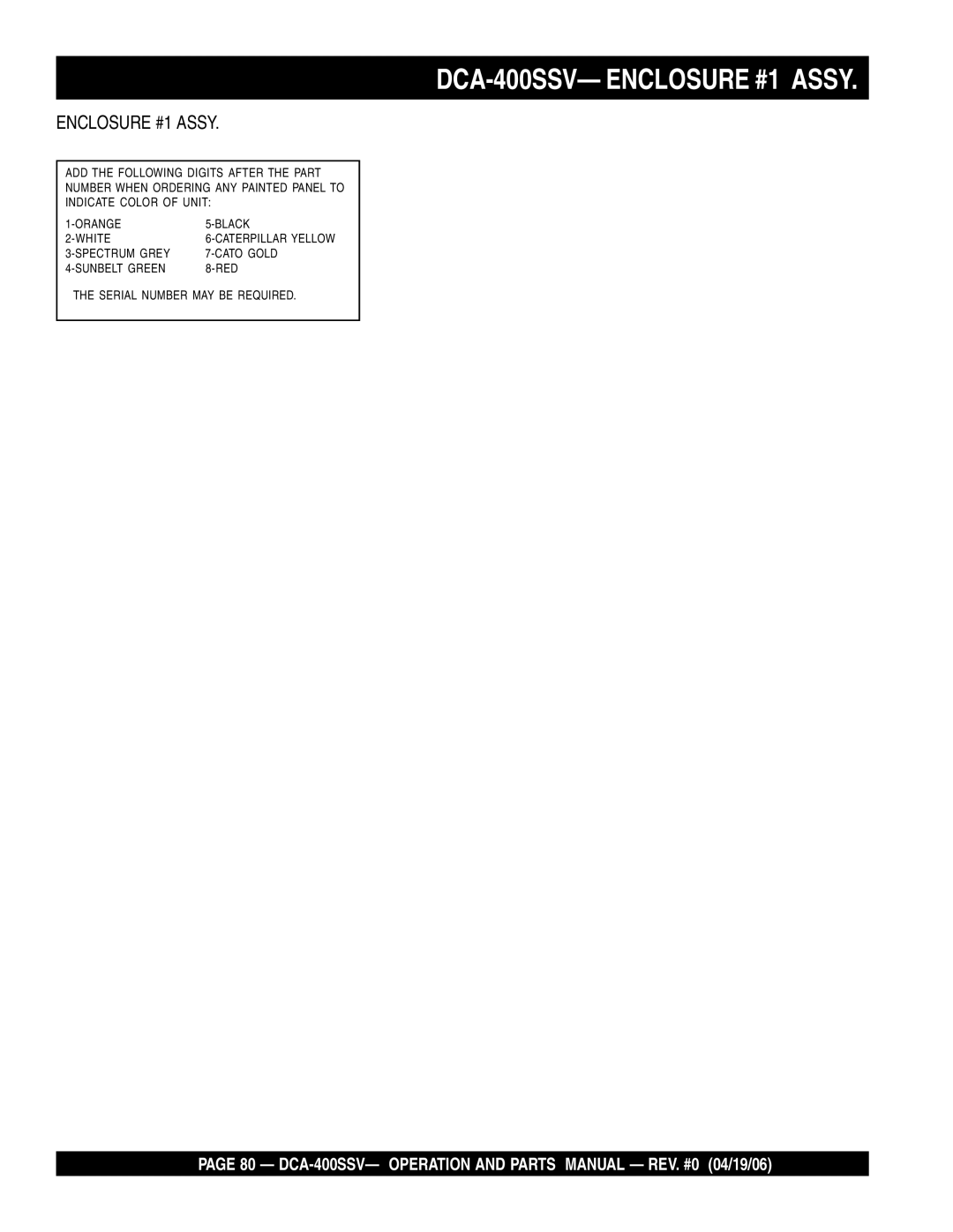 Multiquip operation manual DCA-400SSV- Enclosure #1 Assy 