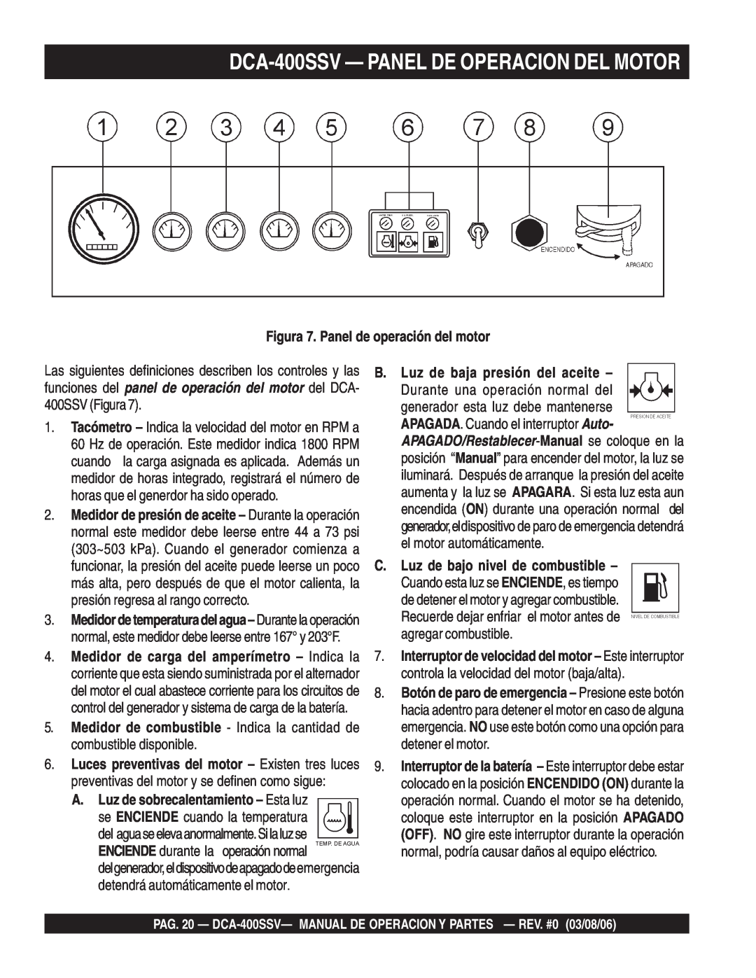 Multiquip operation manual DCA-400SSV— PANEL DE OPERACION DEL MOTOR, Figura 7. Panel de operación del motor 
