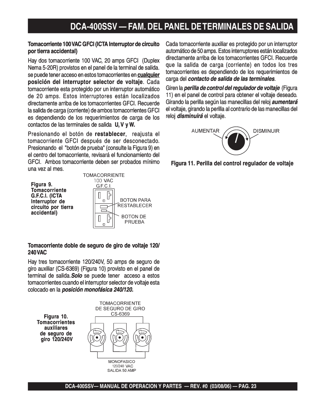 Multiquip operation manual DCA-400SSV— FAM. DEL PANEL DETERMINALES DE SALIDA, Figura Tomacorrientes auxiliares 